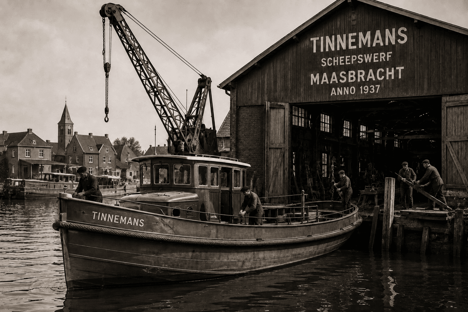 Historic Tinnemans workboat outside the family shipyard in Maasbracht, founded in 1937