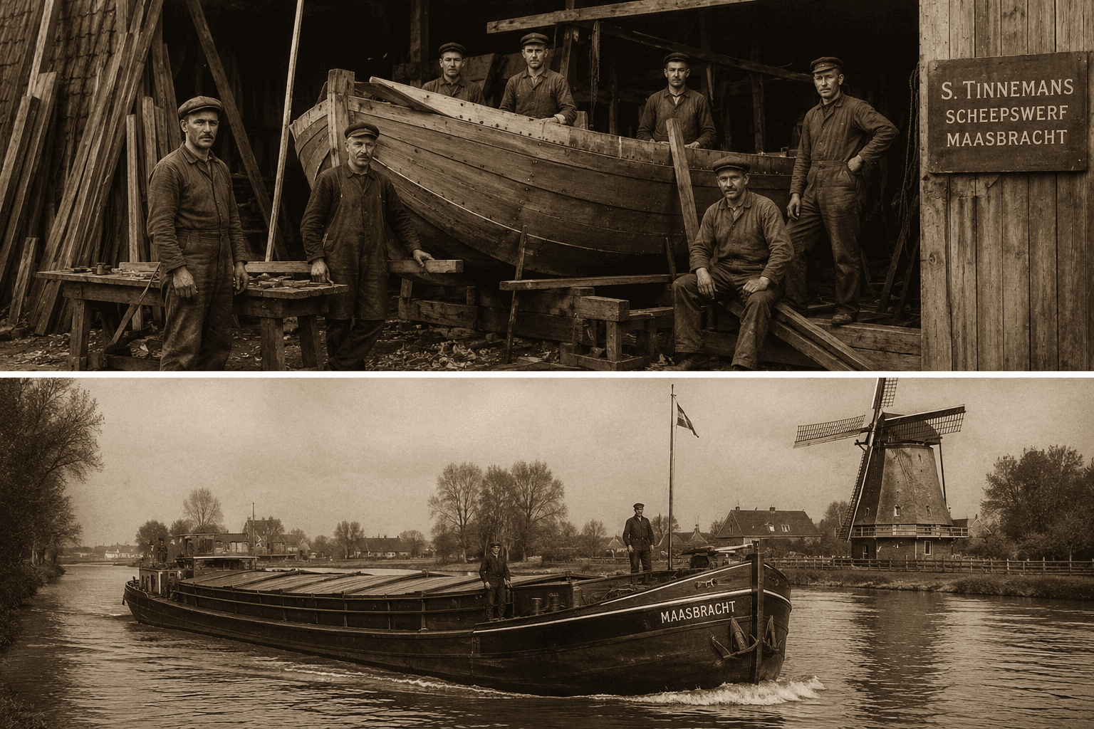 Historic S. Tinnemans shipyard crew building a wooden vessel in Maasbracht, with an inland cargo vessel below