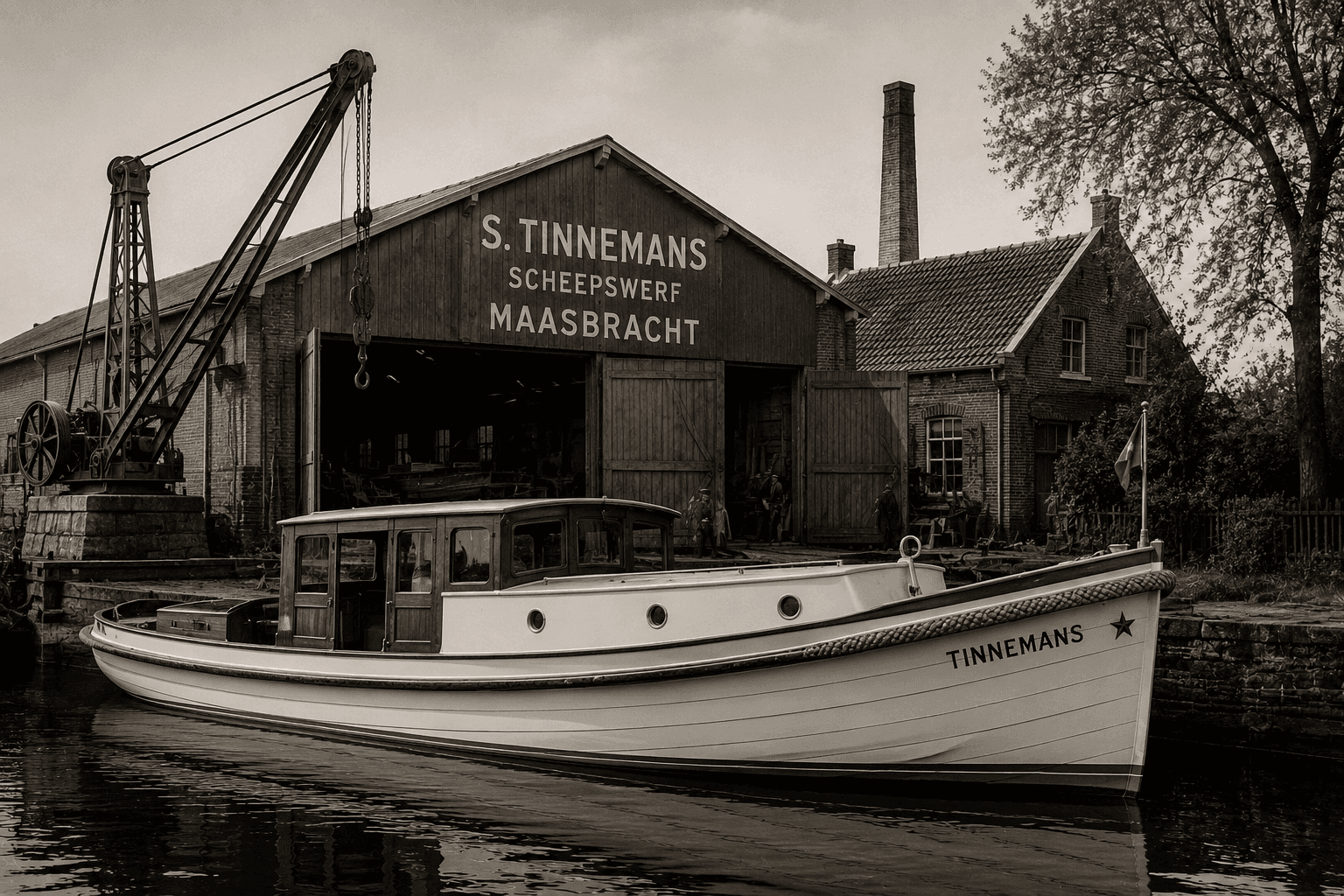 Historic Tinnemans vessel moored in front of the S. Tinnemans shipyard in Maasbracht