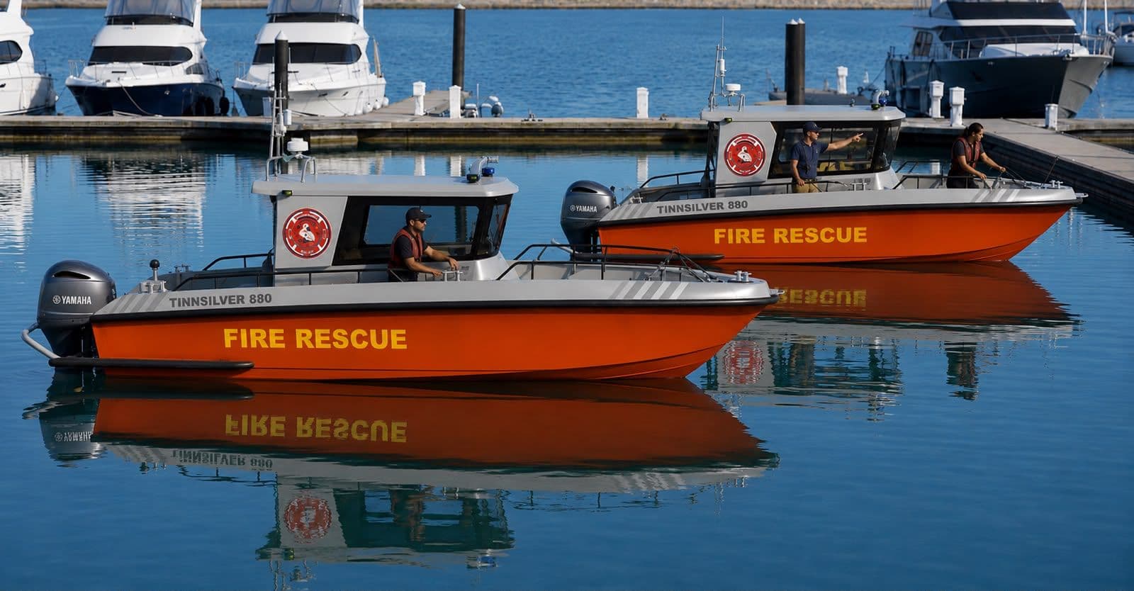 Completed fire rescue boats being tested on the water