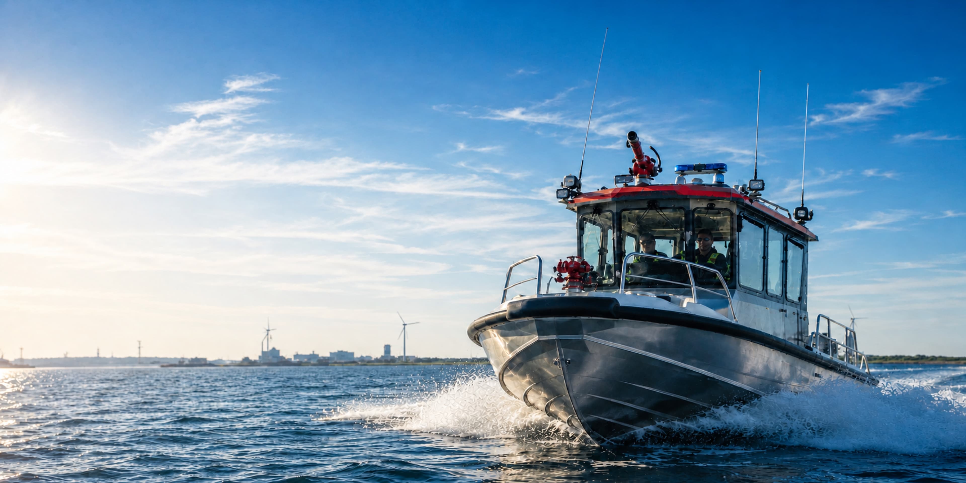 Two crew members aboard a modern fishing and rescue boat at sea