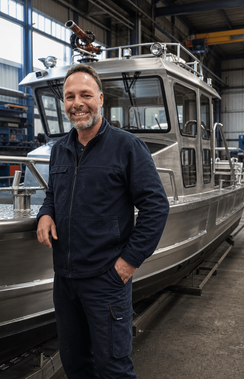 Tinn Silver director beside an aluminium rescue boat in the workshop